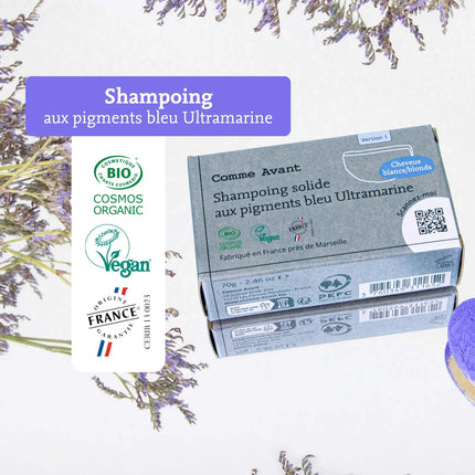 Shampoing solide aux pigments bleu Ultramarine (cheveux blonds et blancs)