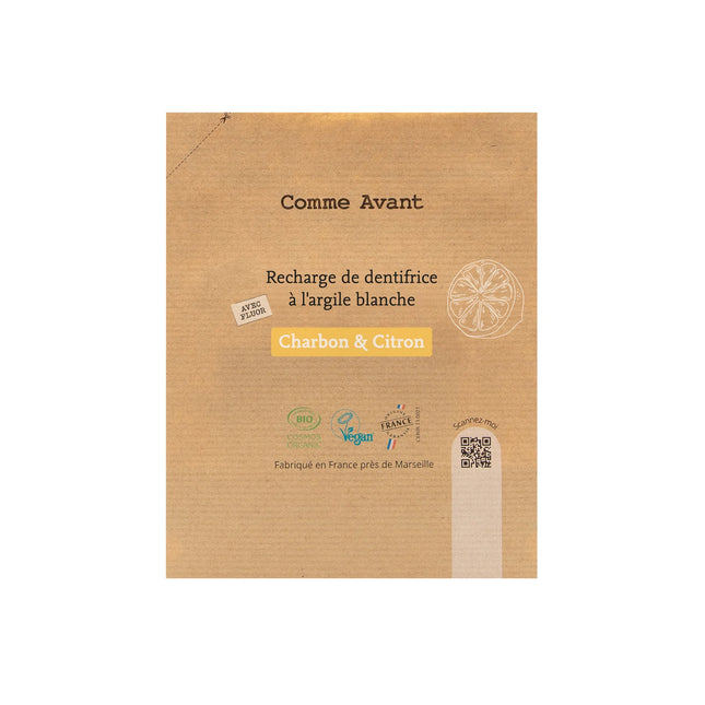 Recharge 180 ml - Dentifrice bio en pâte à l'argile blanche - Charbon végétal & citron